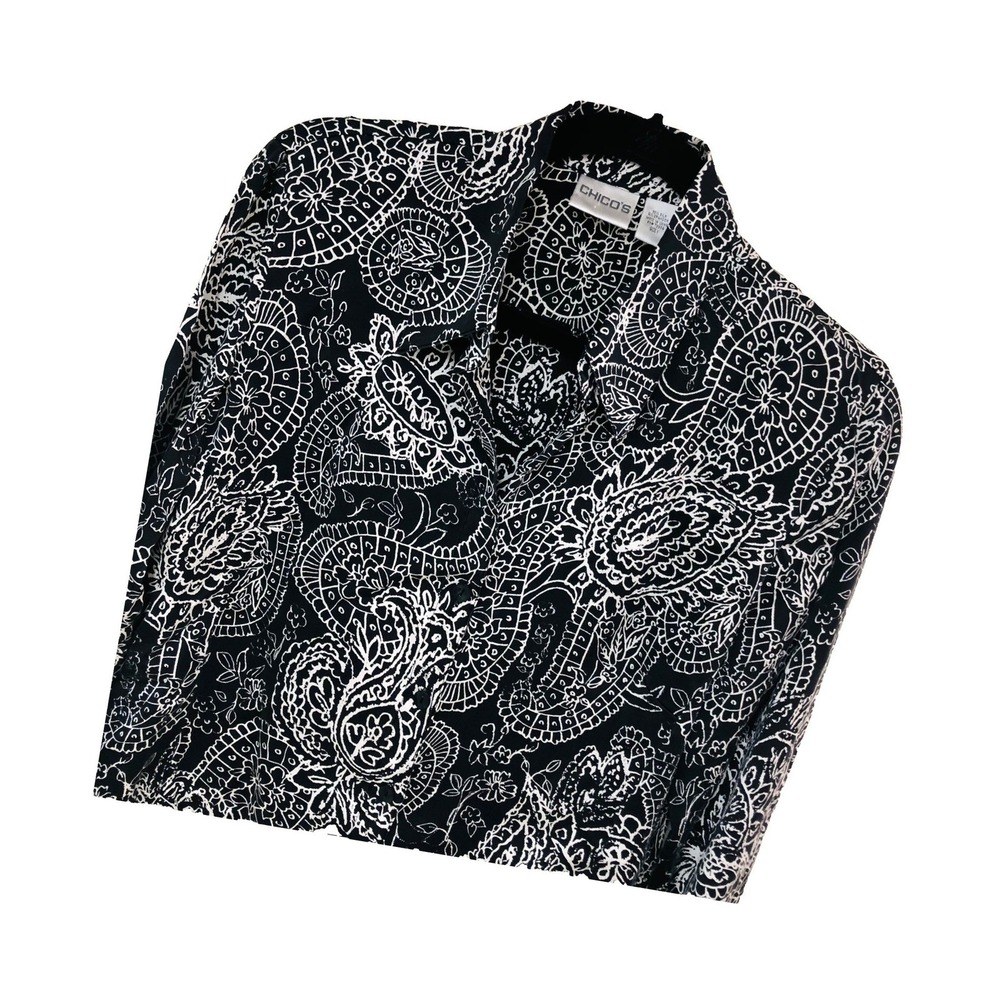 Chico's 1 Womens Silk Blouse Paisley Fitted Button Up Office Casual Feminine M